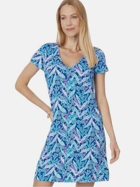 Lilly Pulitzer Etta Short Sleeve Dress Barton Blue Star Gazing Cotton Knit XS